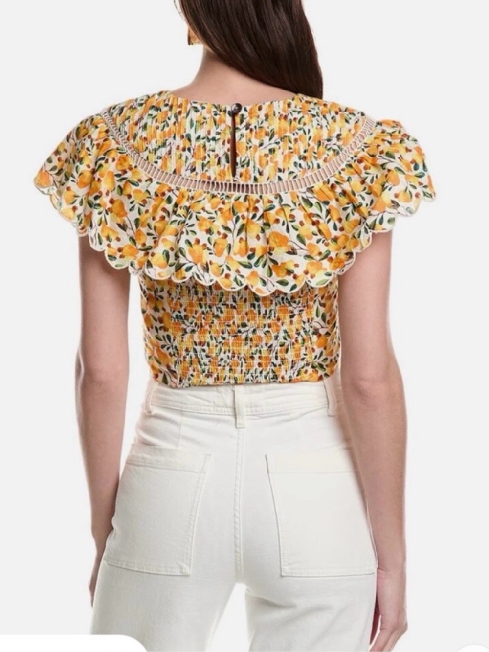 FARM Rio Yellow Fruit Print Smocked Ruffle Crop Top - Picture 2 of 5